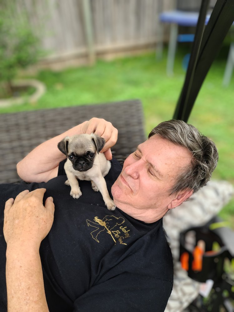 Michael cradling Ahly, the family's pug puppy, on his shoulder.